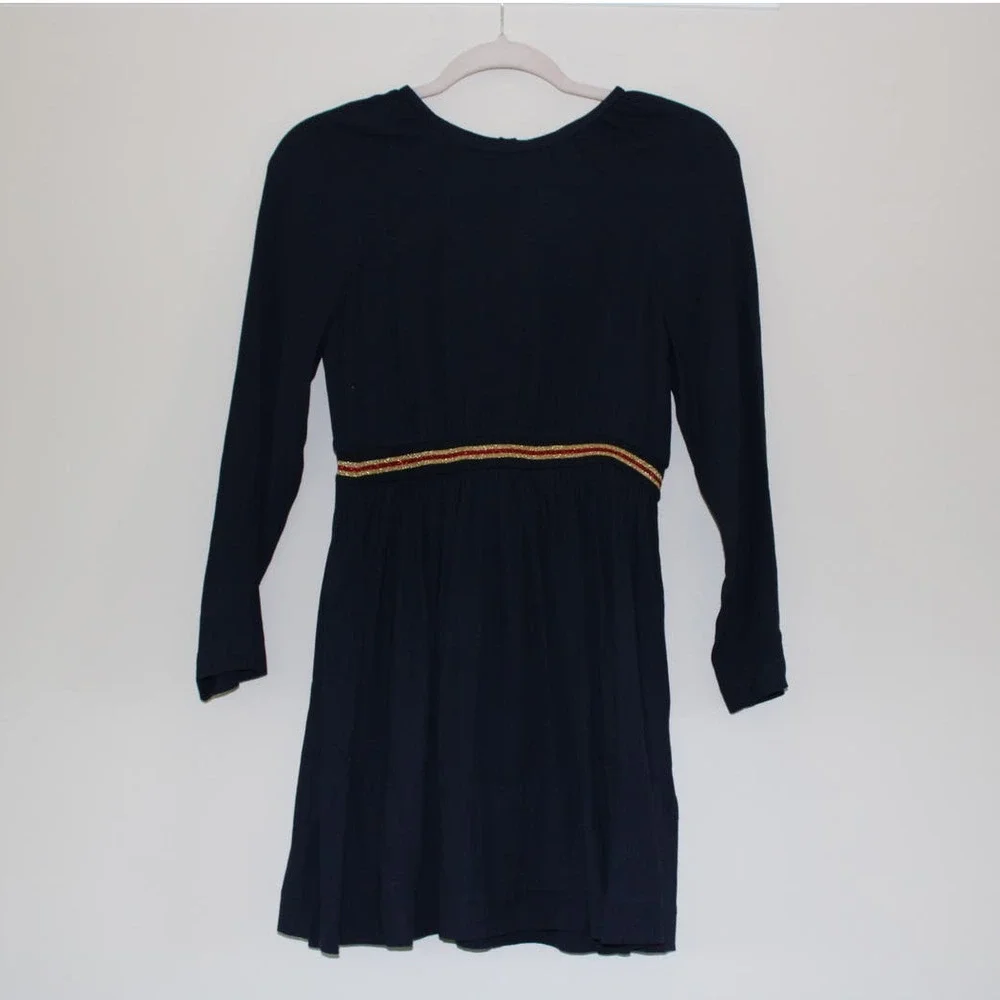 NWT Bonpoint Girl's Julie Dress Long Sleeve Navy Wool Viscose Red Gold Stripe 12